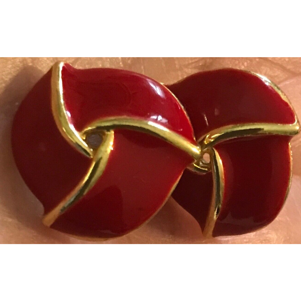 Red Enamel Gold Tone Knot Tailored Button Pierced Earrings